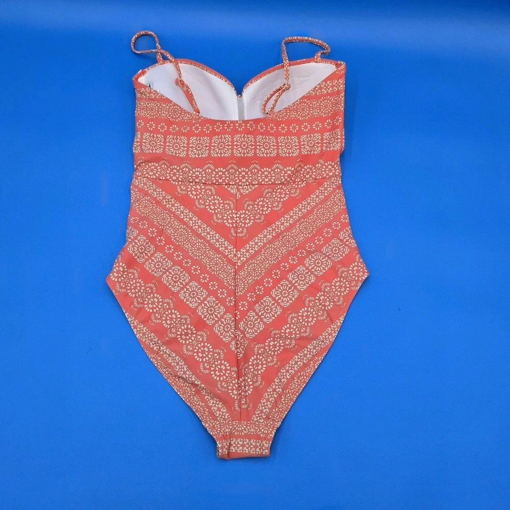 NEW NWOT Robin Piccone one-piece Swimsuit Vibrant Coral & Tan Pattern Size 8 - Picture 3 of 5